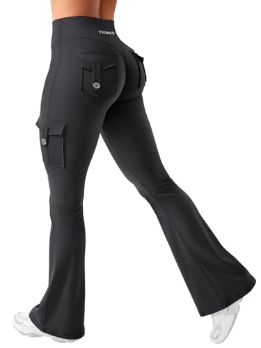 YEOREO CoreFlex Damen Flare Leggings mit 4 Pockets Invisible Scrunch Butt Sport Leggings High Waist Schlaghosen Workout Seamless Push Up Blickdicht Yoga Gym Legging Schwarz L