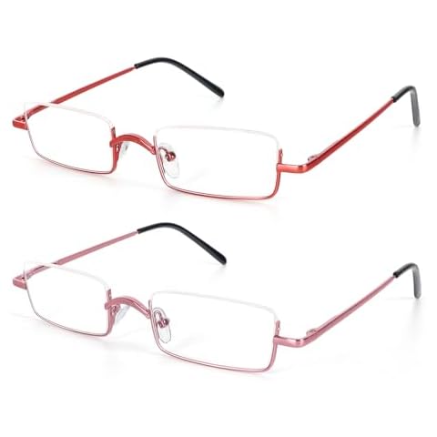 KoKoBin Half Reading Glasses 2 Pairs Square Half Rim Metal Frame Glasses Spring Hinge Readers for Men and Women(Red+Pink 1.00) Cover