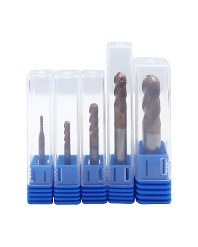 Image of 1 /16 inch 1 /8 inch 3 /16 inch 1 /4 inch 3 /8 inch Carbide End Mills Set, 4 Flute, TISIN Coated, Ball Nose End Mill Bits for Steel, CNC Router Bits, Center Cutting