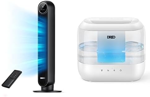 Bundle of Dreo Tower Fan for Bedroom, 24ft/s Velocity Quiet Cooling Fan+ Dreo Humidifiers for Bedroom, Quiet 4L Supersized Cool Mist Top Fill Ultrasonic Humidifier with Oil Diffuser and Nightlight