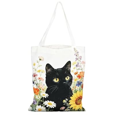 LeMotech Borsa in tessuto con motivo di gatto, cane o cristiano "Jesus Saves", robusta borsa per la spesa da donna, riutilizzabile, 39 x 34,5 cm, per tutti i giorni, scuola e viaggi, bianco con gatto