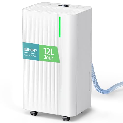 Euhomy 12L/Jour Deshumidificateur d air, pour Maison 25M² Deshumidificateur Maison, 3 Modes, Minuterie 24 H, Affichage de L'Humidité avec Réservoir D'Eau 1.8L, Vidange Continue, Filtre Lavable
