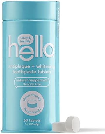 hello Antiplaque & Teeth Whitening Eco Friendly Travel Toothpaste Tablets, Natural Peppermint Flavor, Fluoride Free, TSA Compliant, Vegan, SLS Free, Plastic-Free, 60 Tablets