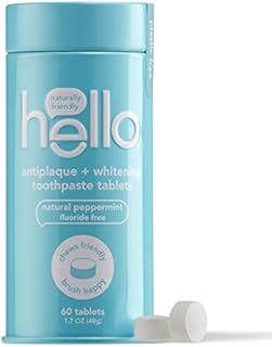 hello Antiplaque & Teeth Whitening Eco Friendly Travel Toothpaste Tablets, Natural Peppermint Flavor, Fluoride Free, TSA Compliant, Vegan, SLS Free, Plastic-Free, 60 Tablets