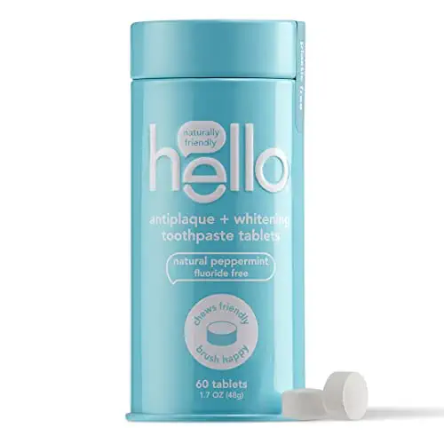 hello Antiplaque &amp; Teeth Whitening Eco Friendly Travel Toothpaste Tablets, Natural Peppermint Flavor, Fluoride Free, TSA Compliant, Vegan, SLS Free, Plastic-Free, 60 Tablets