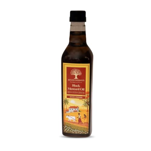 Image of Jeevan Sanskriti Black Mustard Oil 1 Litre | Kachi Ghani Sarso Tel | Cold Pressed Wood Pressed (Lakdi Ghani) | Unrefined | Chemical Free | Pure Mustard Oil for Cooking | Body Massage