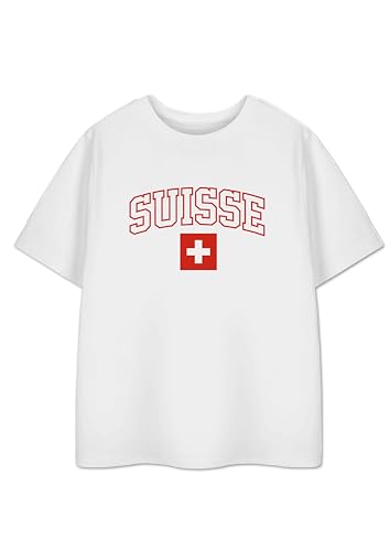 Image of Show Me The Merch Kids Switzerland Red White Graphic Tee | Football Tournament Unisex Short Sleeve Top | Swiss Flag Print Sports Merchandise T-Shirt - 5-6 Years