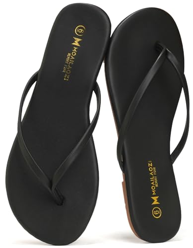 MOAILAOZI Flip Flops for Women With Memory Foam Insole Support Soft Fabric Fits Comfortably Lightweight Sandals Non-Slip Durable Beach Slippers Slip On Thong Cushion Flat Dressy Black Size 8