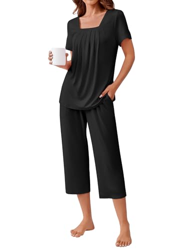 Ekouaer Pajama Set for Women Short Sleeve Top With Capri Pants Pjs 2 Piece O Neck Loungewear Soft Sleepwear with Pockets