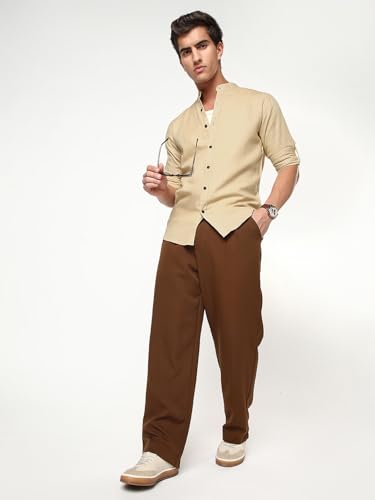 Image of Urbano Fashion Men's Linen Blend Full Sleeve Relaxed Fit Mandarin Collar Casual Solid Shirt