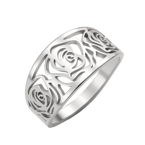TEAMER Rose Flower Ring Stainless Steel Geometric Hollow Rose Flower Ring True Love Wedding Band Jewelry for Women