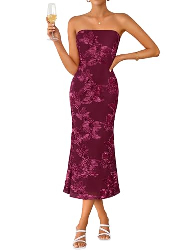 graceful wedding guest dress strapless floral bodycon mesh - wine