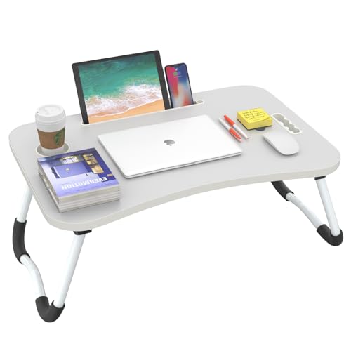 BUYIFY Folding Lap Desk, 23 Inch Portable Wood Grey Laptop Bed Desk Lap Desk with Cup Holder, for Working Reading Writing, Eating, Watching Movies for Bed Sofa Couch Floor