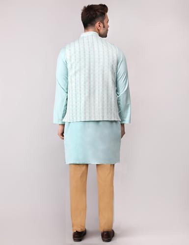 Image of Men's Cotton Silk Blend Regular Kurta Pyjama, Embroidered Nehru Jacket /Waistcoat Set
