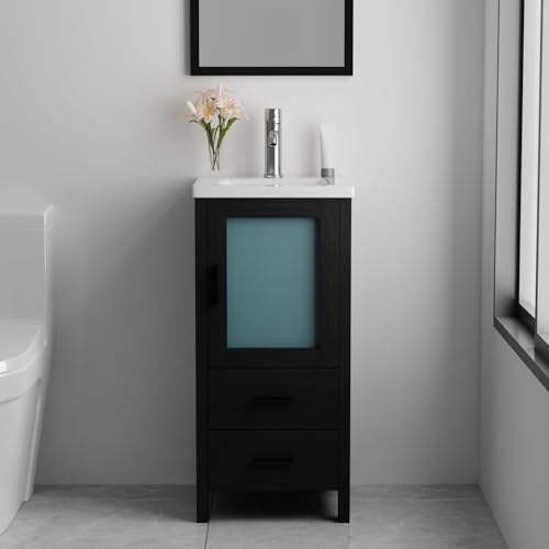 wonline 16 Inch Modern Bathroom Vanity with Sink, Single Bathroom Cabinet Vanity for Small Space, Freestanding Storage Drawered Cabinet with Faucet & Pop Up Drain, Black