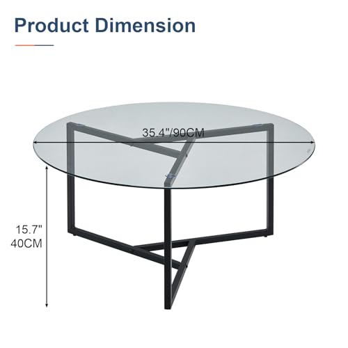 CLIPOP Circle Coffee Table with Tempered Glass Top, Stylish Round Glass Coffee Table with Adjustable Feet & Triangle Structure Metal Frame, Perfect for Living Room, Home Office(Clear Glass Top) - Image 3
