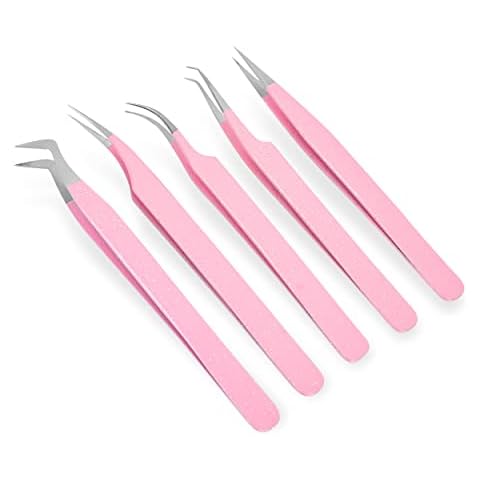 ZAMAHA UK Lash Eyelash Extension Tweezers Set of 5, Japanese Stainless Steel Tools Straight Curved 45 90 Degree Angled Tip, Volume Tweezers Precision (Pink with Glitters) Cover