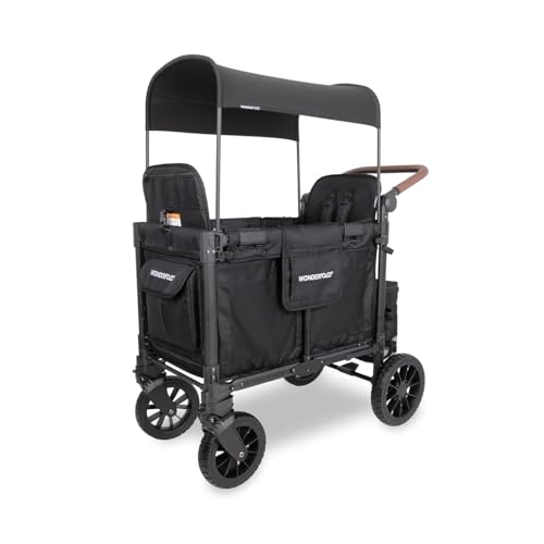 Image of WONDERFOLD W2 Luxe Pro Stroller Wagon (2 Seater) - Collapsible Wagon Stroller with Seats Featuring 5-Point Safety Harnesses and Adjustable Sun Canopy, Jet Black
