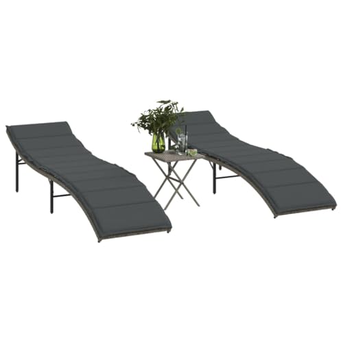 Chaises longues en polyrotin gris avec table basse et coussins pour jardin - 2