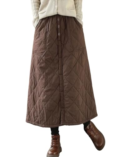 ebossy Women's Puffer Quilted Skirt Winter Insulated Warm High Waist Front Split Long Down Skirt with Pockets