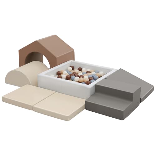 Schaumstoff Bausteine Kinder Klettern Indoor: 7 Softbausteine Riesenbausteine Spielbausteine mit Quadratisches Bällebad(Ohne Bälle) - Weiche Bausteine Baby Montessori Großbausteine Kletterspielzeug