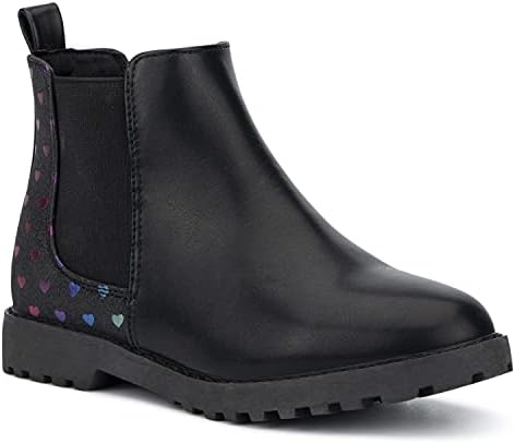 Olivia Miller Kid's Girl Fashion Shoes, Black Faux PU Leather Lug Sole Pull On Round Toe Winter Snow Casual Classic Chelsea Bootie Ankle Boots