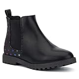 Olivia Miller Kid's Girl Fashion Shoes, Black Faux PU Leather Lug Sole Pull On Round Toe Winter Snow