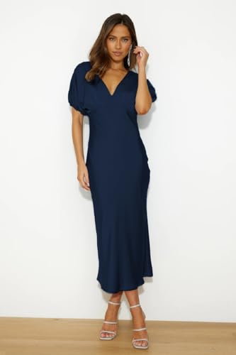 Image of Summer Satin V Neck Puffy Sleeves Empire Waist Midi Dresser Silk Sexy Tie Back Formal Cocktail Dresser for Women Wedding