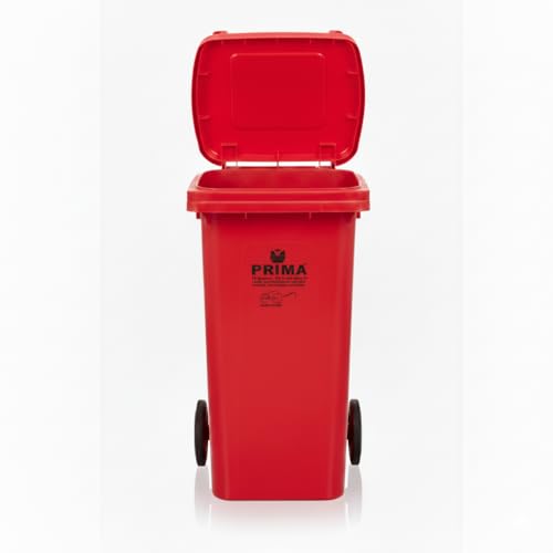 Image of Prima Plastic Manual-Lift Garbage Waste Dustbin with Wheels 120 Ltr Red