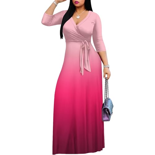 Image of PinkPatty Women's Plus Size Maxi Dress Casual 3 /4 Sleeve Dress with Belt | Soft stretch feel, printed style, flowy A-line fit, v neck, waist tie, side pockets, for vacation, party and daily wear