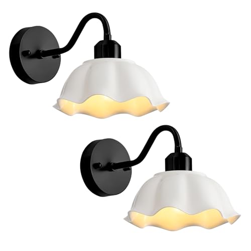 Image of Black Bathroom Wall Sconces Set of 2 Modern White Milk Glass Wall Light Fixtures Farmhouse Living Room Wall Mounted Lights Vintage Bedroom Hardwired Vanity Wall Lamps Set of Two MWL02-2BK