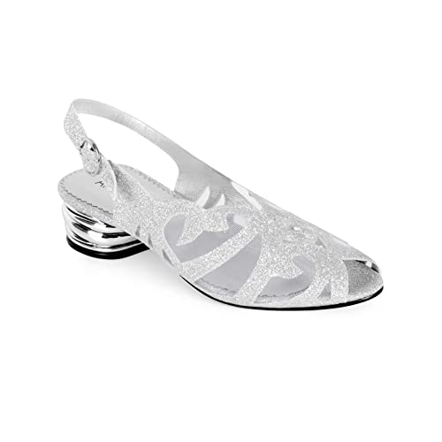 Women's Glittering Peep Toe Slingback Sandal - Mesh Upper, Chunky Low Heels, Open Toe, Back Slingback