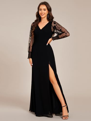 Ever-Pretty Women's Elegant V Neck Floral Sheer Long Sleeves Slit Chiffon Maxi Evening Dresses 022513