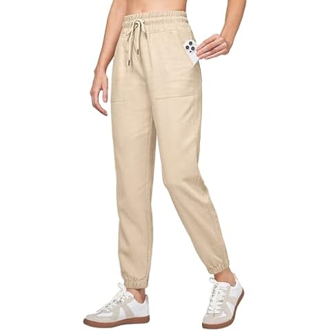 Willit Women Linen Pants Joggers Casual Lightweight Lounge Pants Cotton Linen Travel Beach Summer Pants with Pockets Khaki S Cover