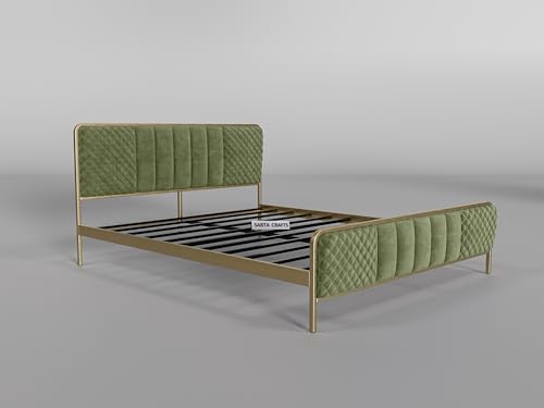 Image of Modern Upholstered Double Size Bed for Bedroom | Metal Double Bed | Platform Cot Bed with Upholstery Premium Fabric | 6.5 x 4 Ft | Powder Coated Metal Bed | Green