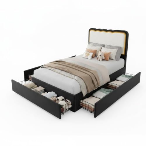 Image of Garvee Irregular Wave LED 2-Drawer Soft Upholstered Bed, Soft Padding