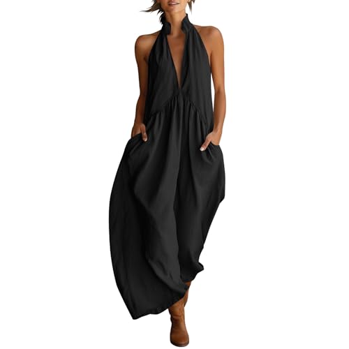 Women Minimalist Halter Neck Maxi Dress Casual Cotton Backless Loose Dress with Pockets Chic Sleeveless Sundress Black