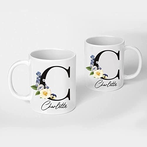 MOBILE STUFF Personalised Floral Mug Initial with Name, Customised Gift for Mum, Dad, Kids or Girls, Black Initial with Multicolor Flower with Stylish Name, Tea Coffee Mug (11oz) (Black)