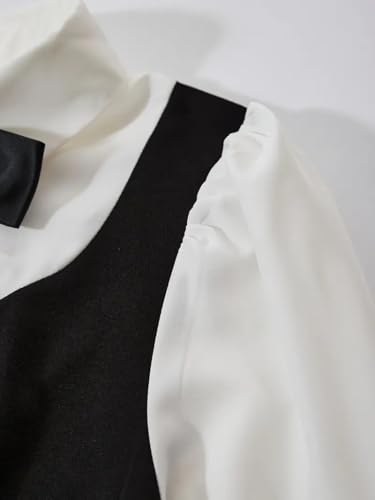 Women Short Dresses 2 in 1 Colorblock Turndown Collar Lantern Sleeve Black Suit Cute Dress3