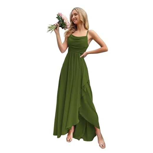 vintys Vestidos femininos longos de chiffon para madrinha de casamento com fenda evasê vestido formal com bolsos VS085N, Verde oliva, 40