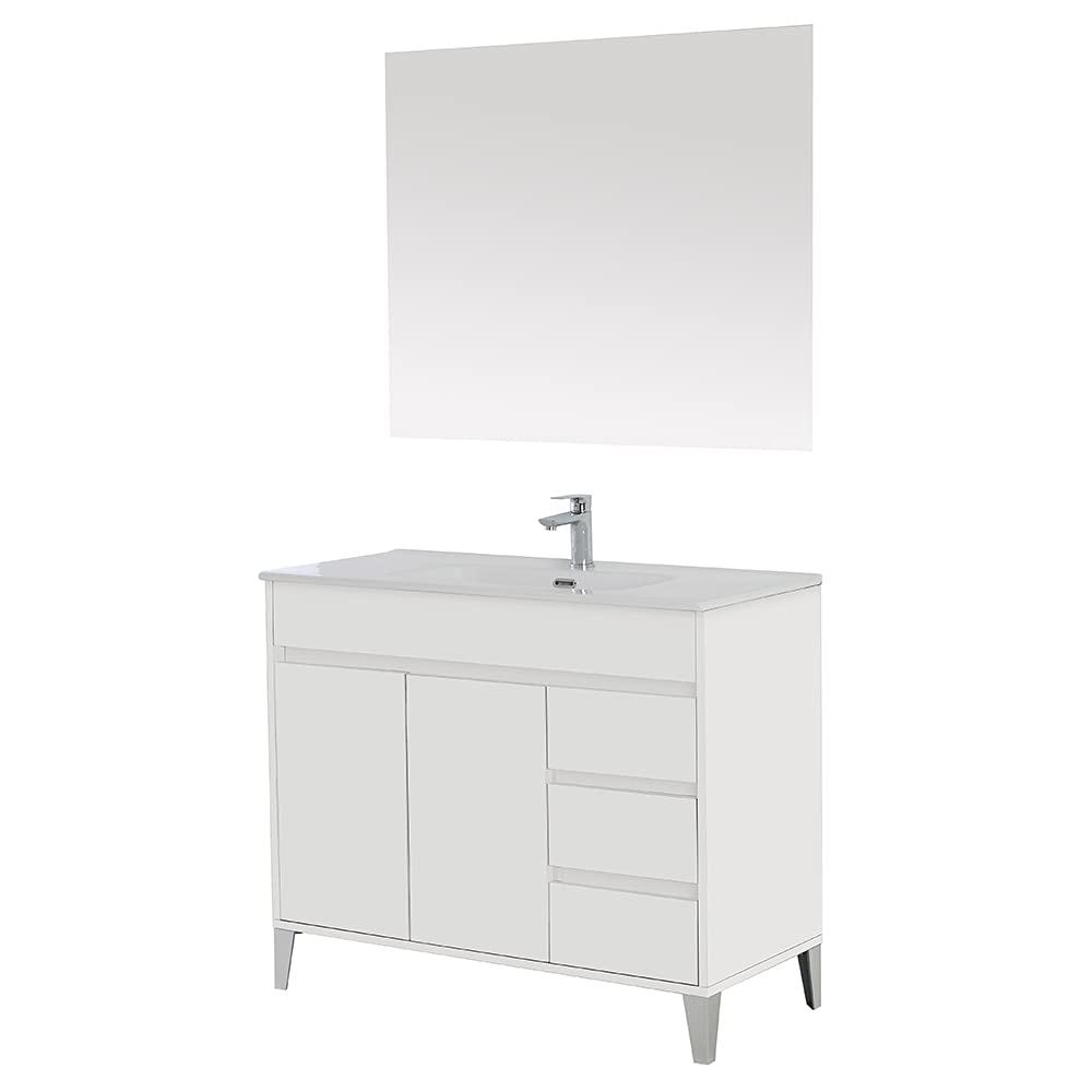 Inbagno Mobile Bagno a Terra 100 cm, Linea Way 3 cassetti + 2 Ante, Completo di lavabo e Specchio (Bianco Lucido)