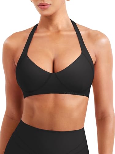 YEOREO Women Halter Sports Bra Light Support V Neck Padded Strappy Open Back Workout Gym Tops2