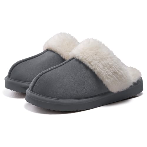 Litfun Women's Fuzzy Memory Foam Slippers Fluffy Winter House Shoes Indoor and Outdoor, Grey 6-6.5