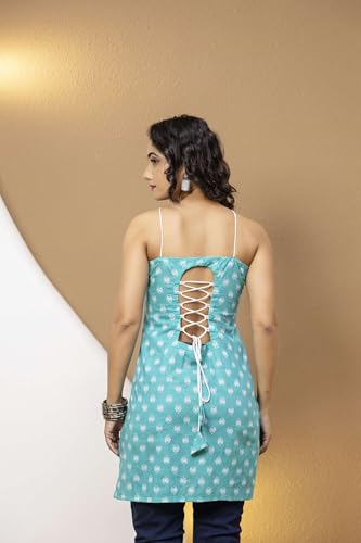 Image of Women's Printed Halter Neck Kurti Top | Sleeveless V-Neck Short Tunic with Back Tie-Up | Casual Ethnic & Summer Wear
