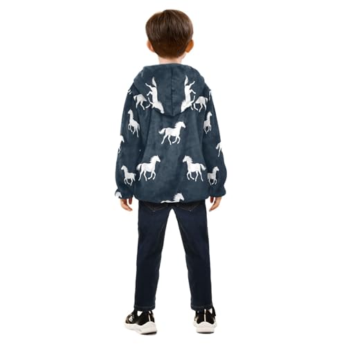 White Horses on Navy Toddler Fleece Jacket Girl Boys Hooded Fleece Jacket Coat Warm Outwear Zip-up 3-10T4