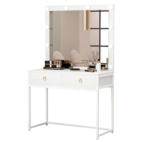 CALEBY Tocador con Espejo, tocador con Espejo LED, tocador con Espacio de Almacenamiento, tocador para Dormitorio, Estudio fotográfico (Color: Blanco)