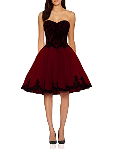 Short Burgundy Tulle Vintage Black Lace Gothic Prom Homecoming Cocktail Dresses US 2