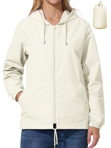 UIQUR Womens Rain Jacket Lightweight Windbreaker Waterproof Raincoat Cycling Running Hiking Gear Hood Packable Beige S