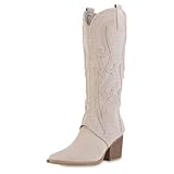  VAN HILL Damen Cowboystiefel Trichterabsatz Stickereien Trendy Schuhe 216879 Beige Velours 37