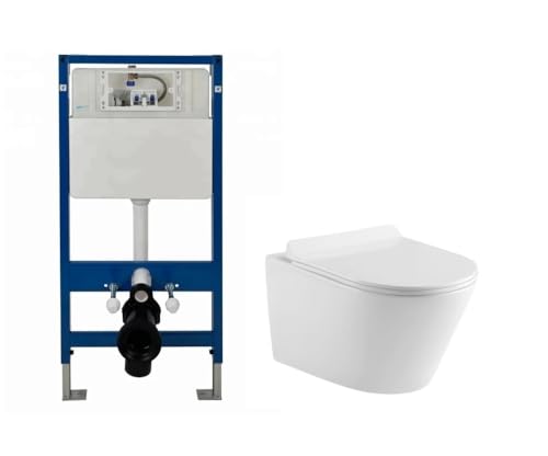 Wall Hung Toilet Rimless Pan 1.12m Concealed Cistern Frame WC Plate Soft Close Seat Options (Round Pan and Frame Cistern)